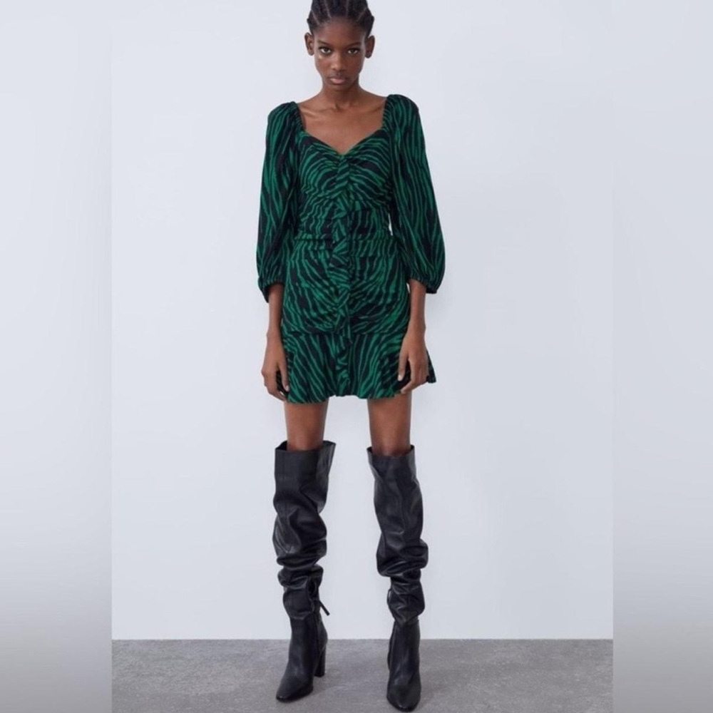 Zara green zebra print mini dress ruched puff sleeves women's